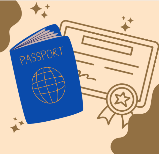 blue passport and graphic of a license